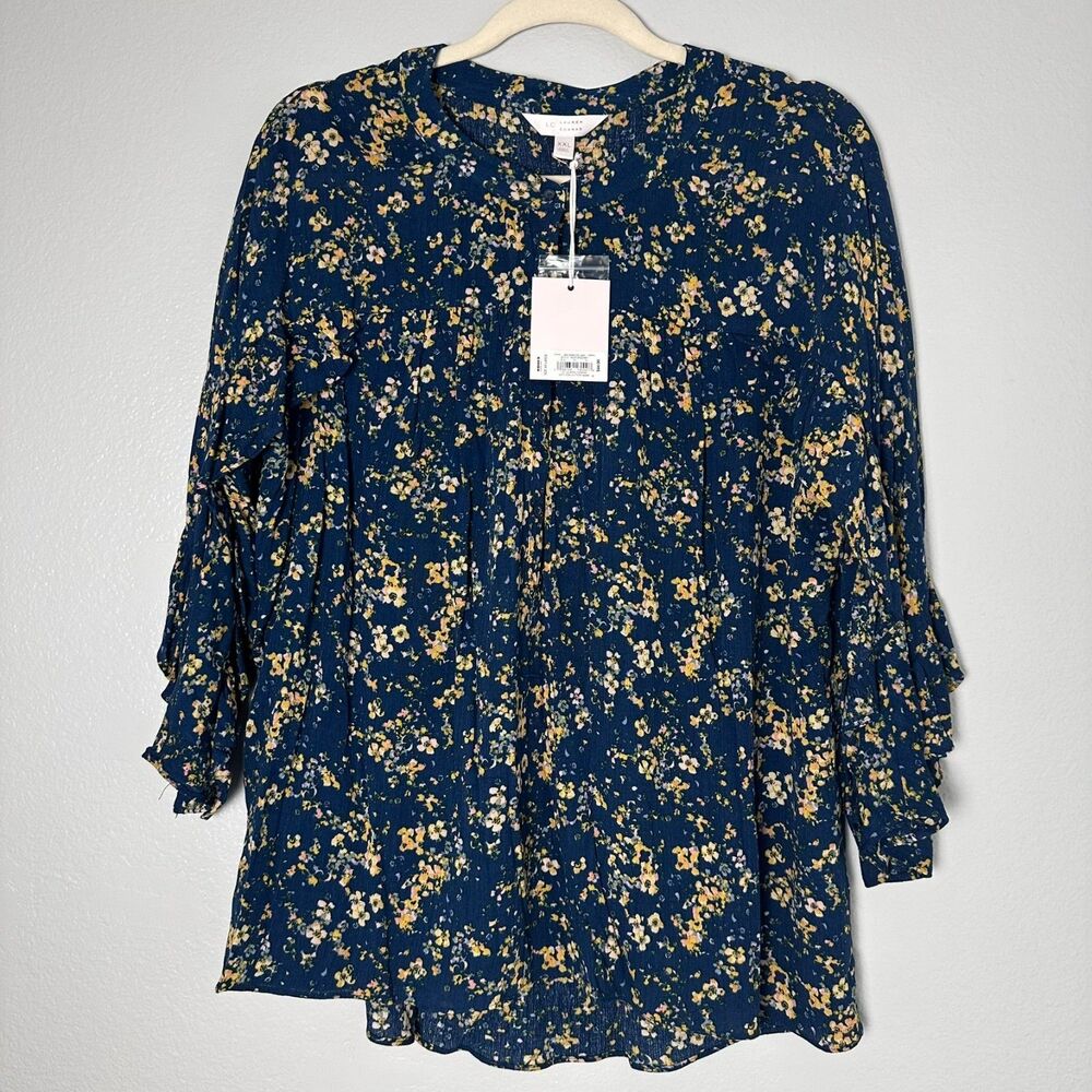 LC Lauren Conrad Women's -XXL Blouse‎ Blue Floral Ruffle 3/4 Sleeve